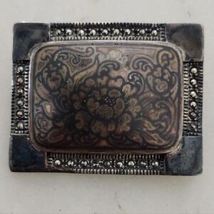 Vintage Ornate Sterling Silver and Marcasite Border Floral Center Brooch